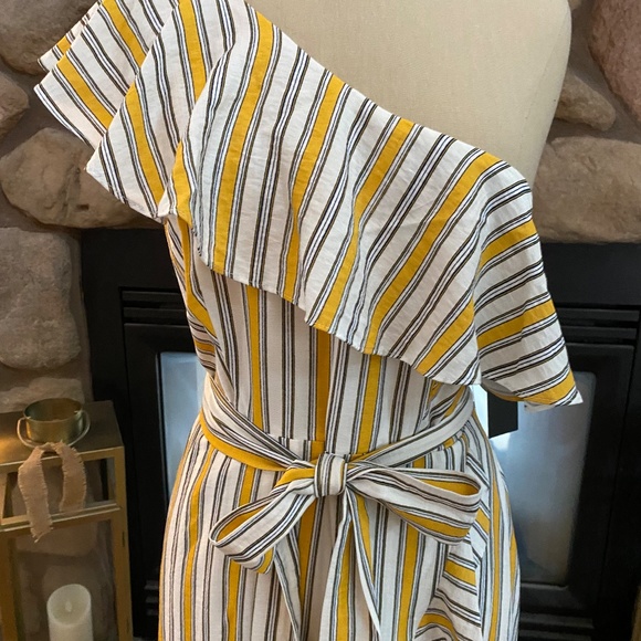 Lulus Yellow Striped Ruffle One Shoulder Midi Dress NWT - Picture 2 of 4